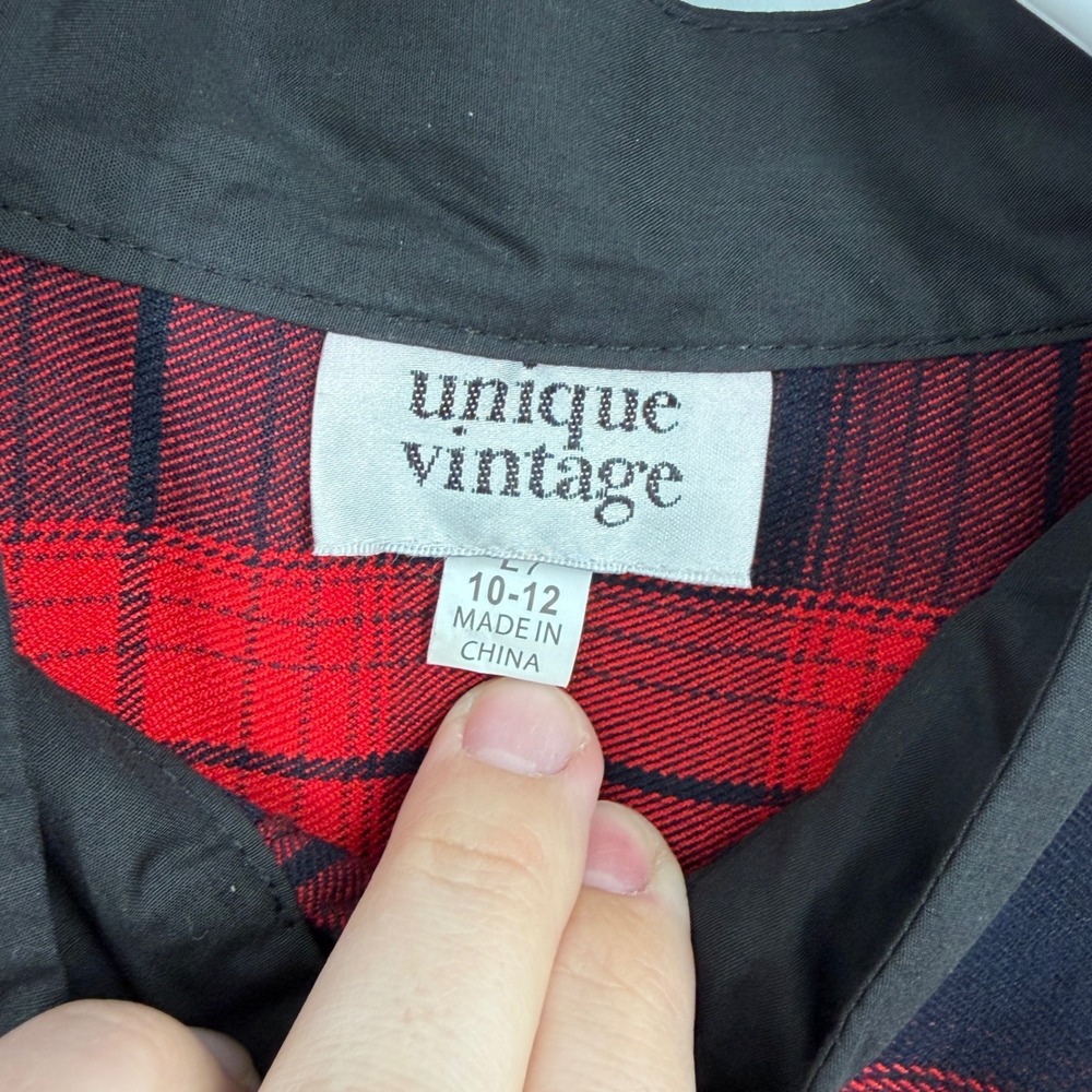 Unique Vintage Red Black Plaid Tie Neck Fit Flare Dress 10-12 Retro Rockabilly - Picture 3 of 5